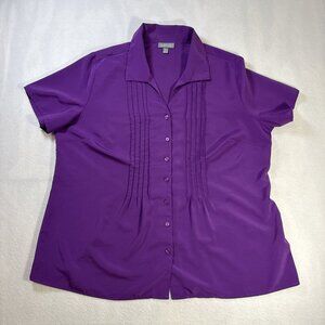 Essentials Size 1X Purple Button Up Short Sleeve Blouse Tops